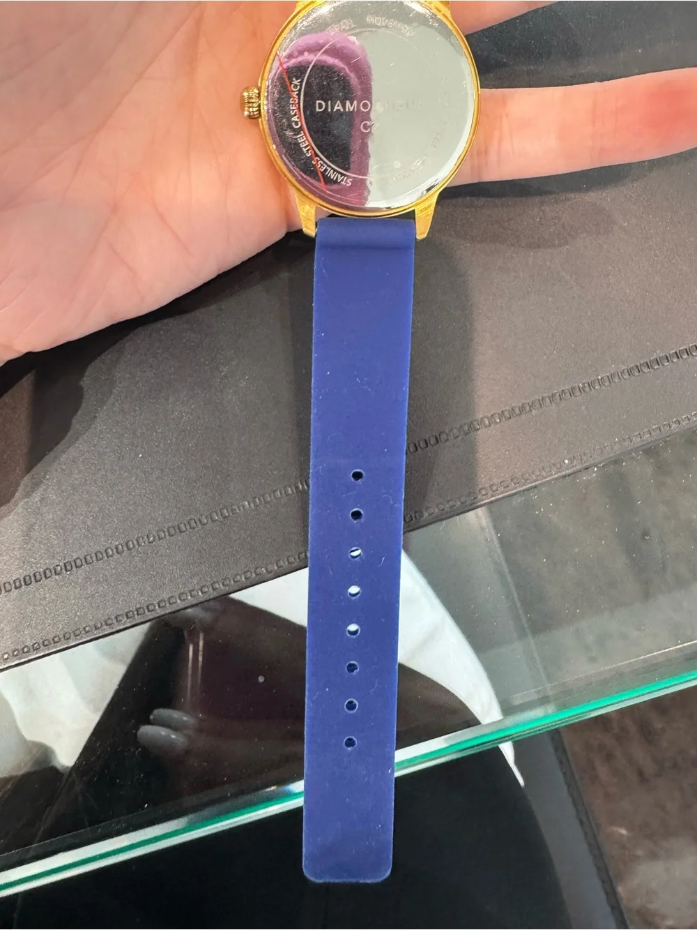 New DMQ Women’s Gold tone & blue Watch w Crystal Markers and rubber Strap